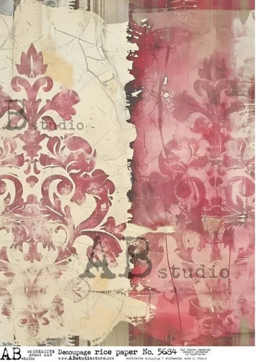 No. 5684 Linen and Red Damask Rice Paper A4 by AB Studio