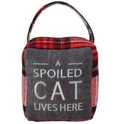 Red & Gray Plaid "A Spoiled Cat Lives Here" Doorstop