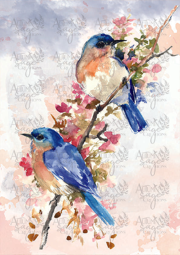 Two Blue Birdies A4 Decoupage Paper by Autumn Sage Creations