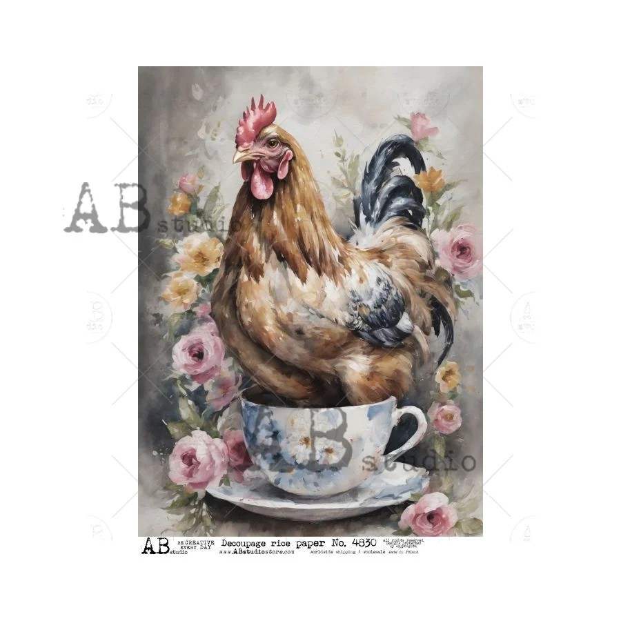 No. 4830 Chicken in Teacup with Flowers Watercolor Decoupage Rice Paper A4 by AB Studio