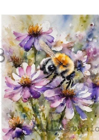 No. 4672 Bee Collecting Nectar Watercolor Decoupage Rice Paper A4 by AB Studio