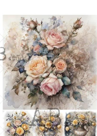 No. 4562 Blooming Roses Watercolor Cards Decoupage Rice Paper A4 by AB Studio