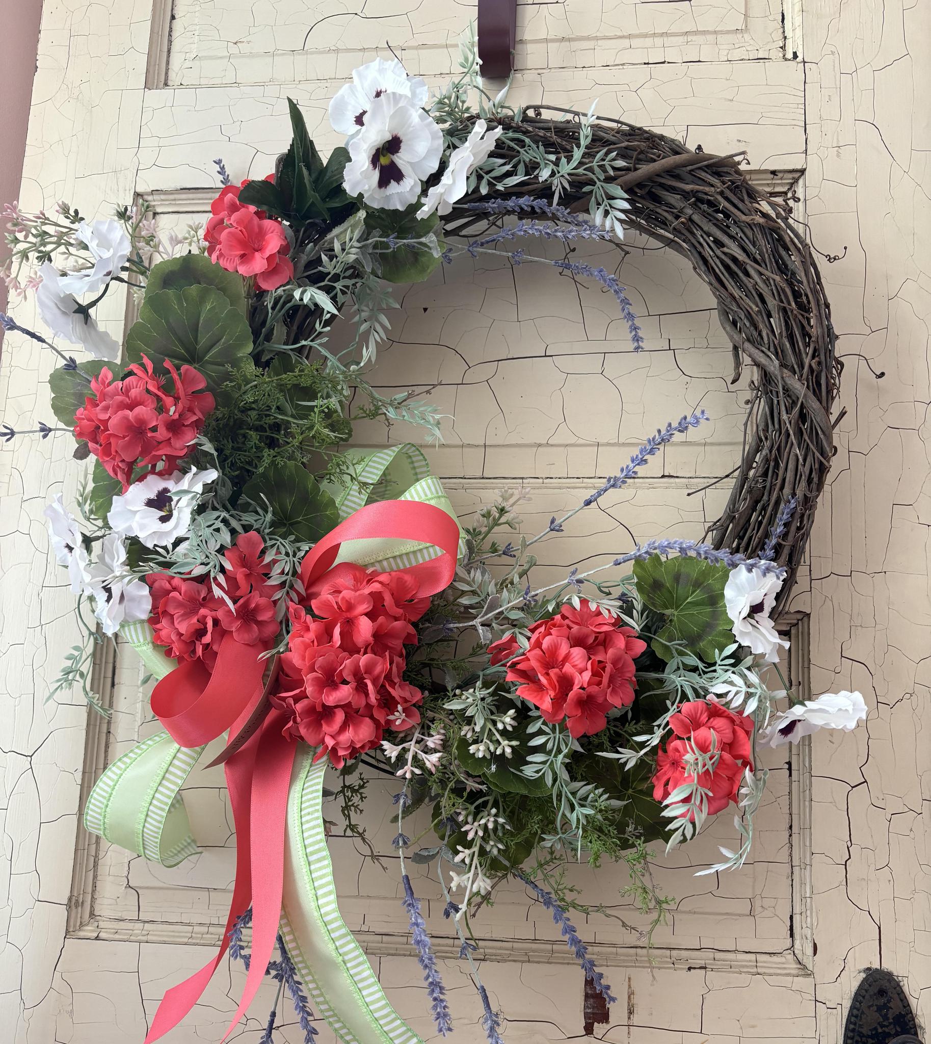 Pansy and pink floral grapevine wreath
