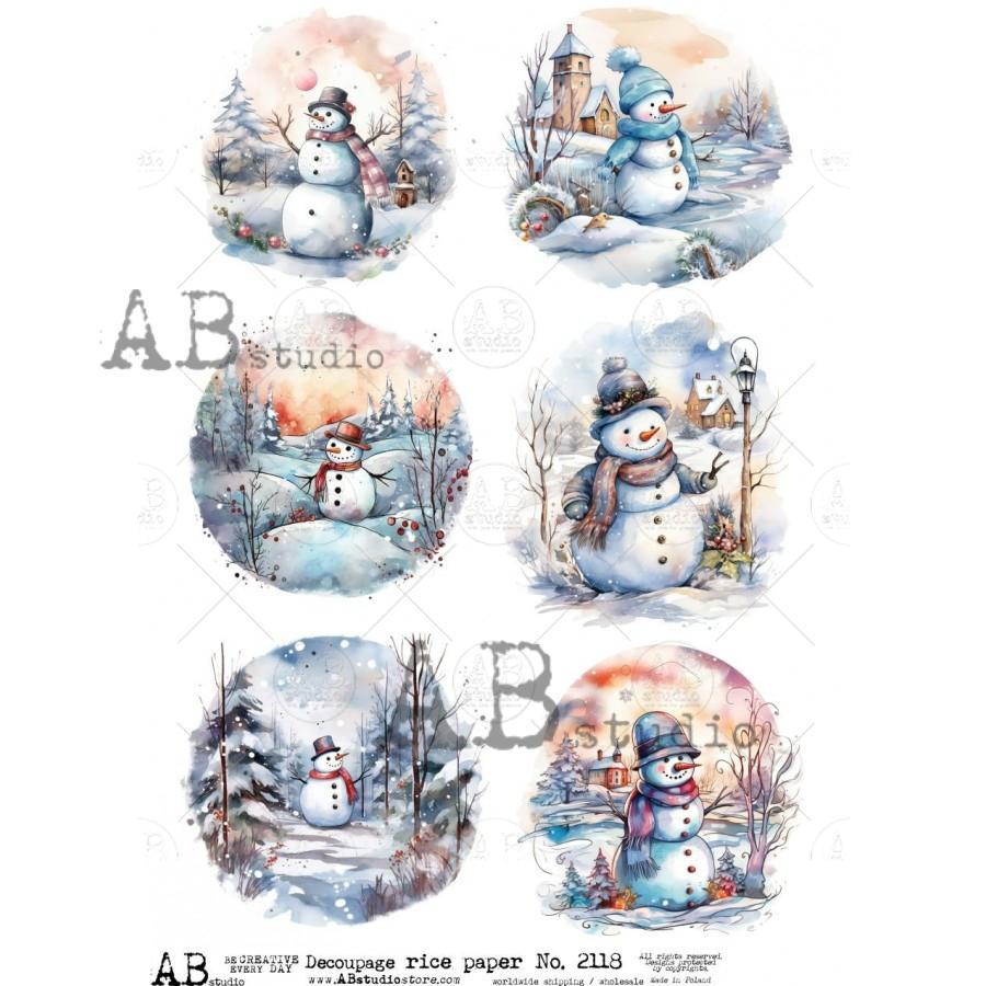 No. 2118 Cheerful Snowmen Decoupage Rice Paper A4 by AB Studio