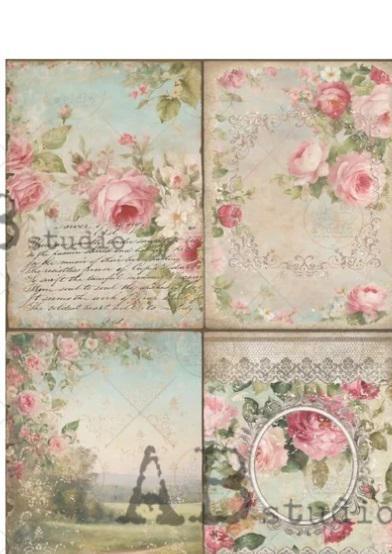 No. 4820 Vintage Cards of Pink Flowers Decoupage Rice Paper A4 by AB Studio