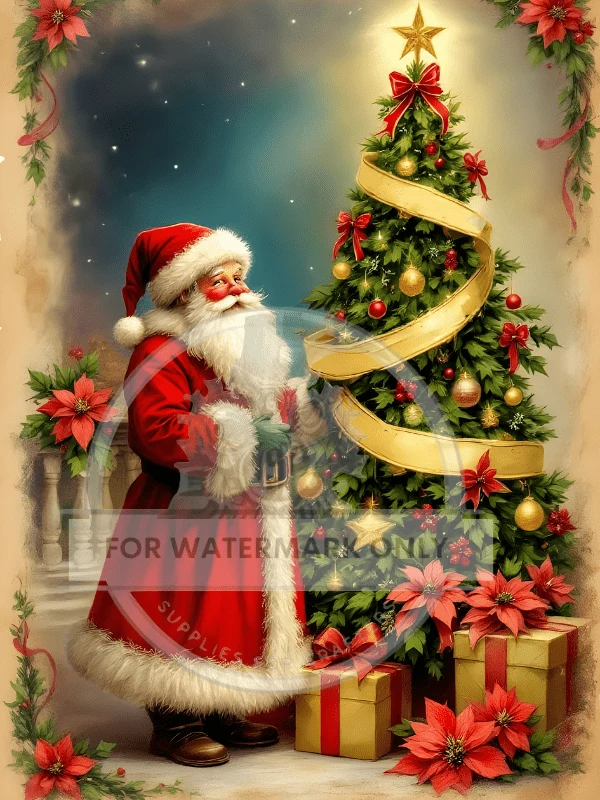 DC824 Santa's Golden Christmas Tree A4 Rice Paper