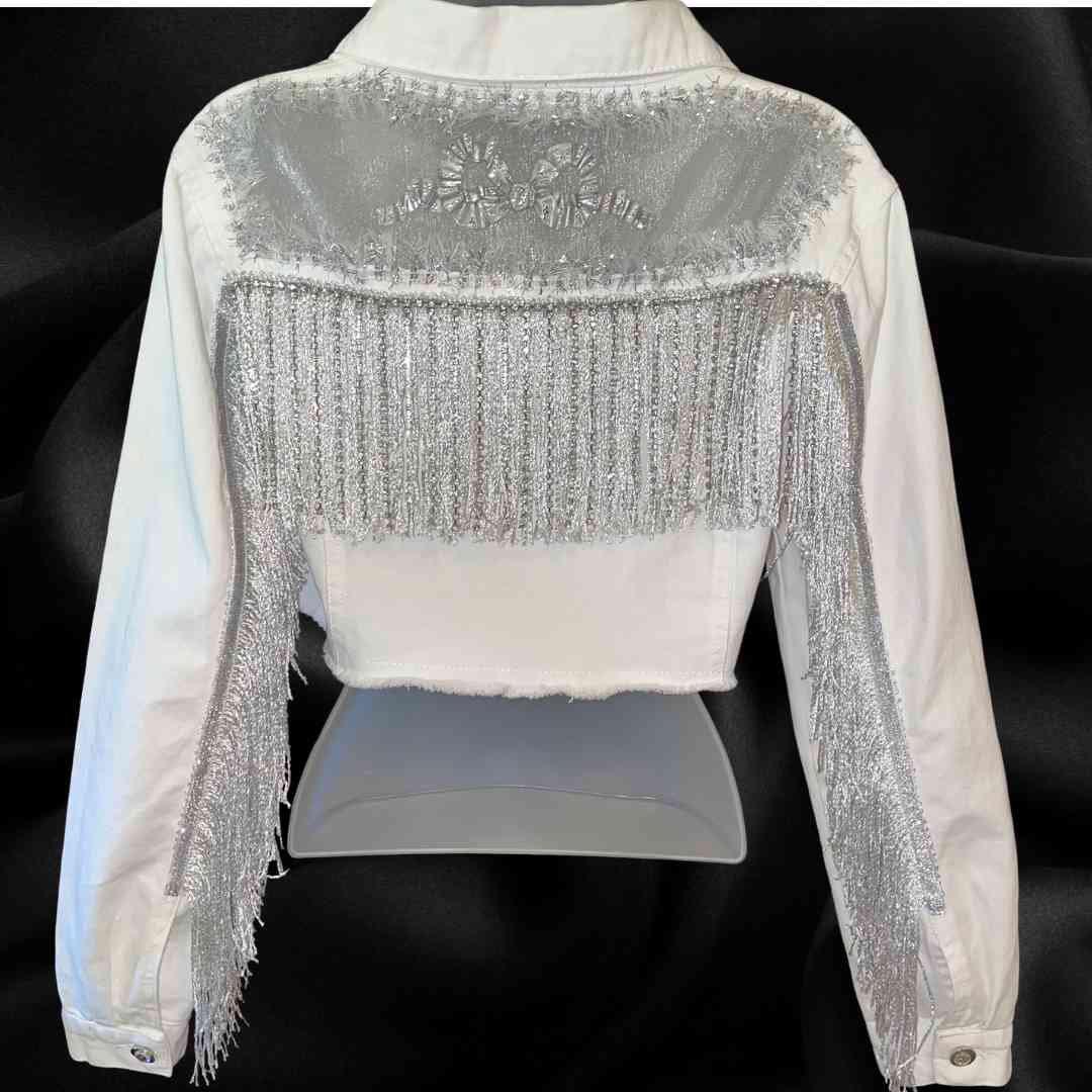 White Denim Cropped Jacket with Rhinestone Bow - 1