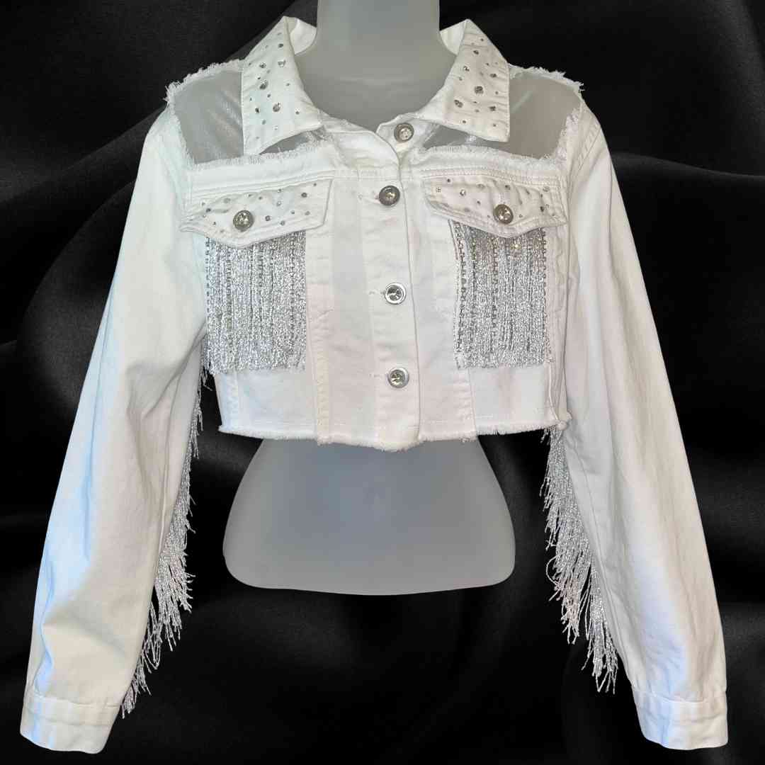 White Denim Cropped Jacket with Rhinestone Bow - 2