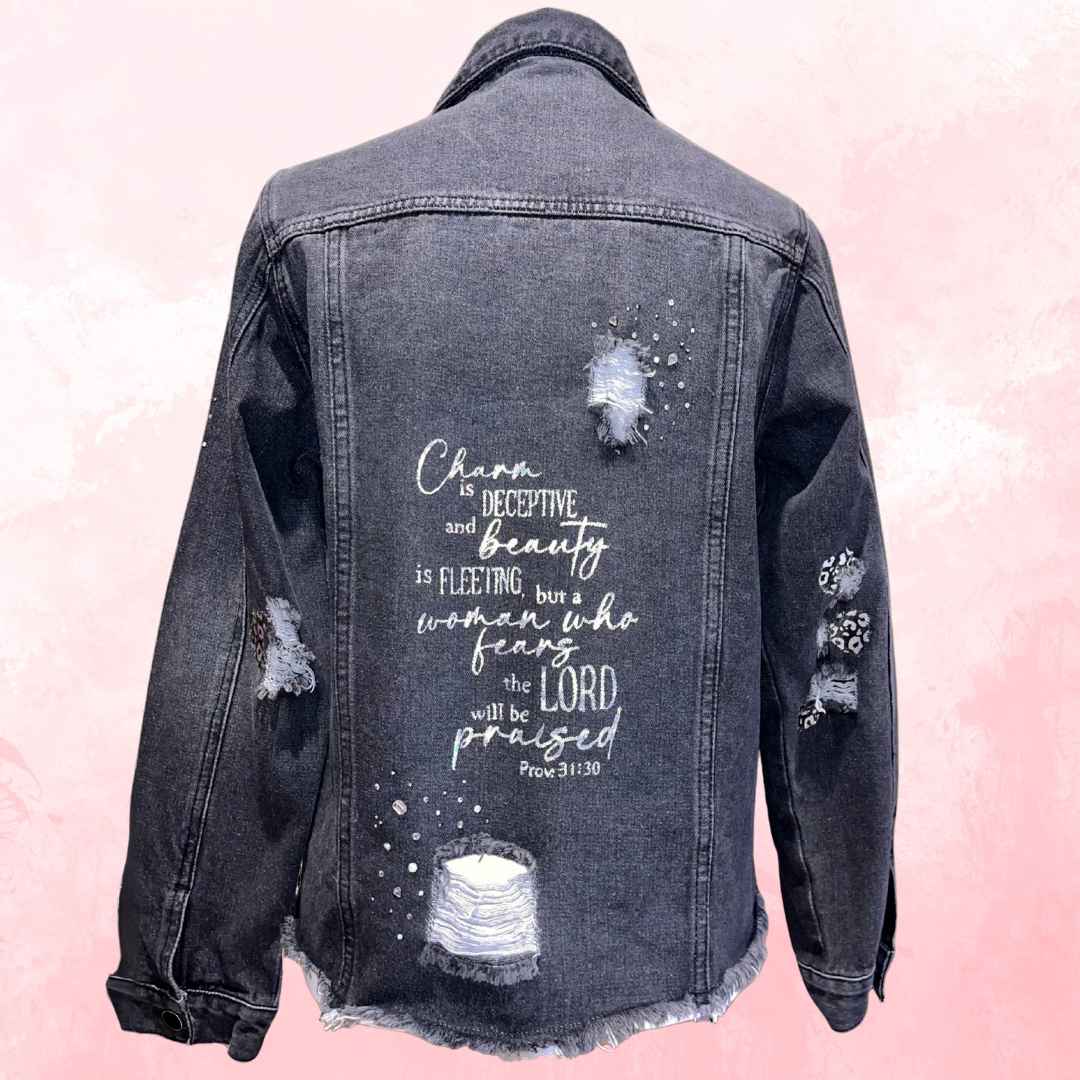 Proverbs 31:30 Black Distressed Denim Jacket