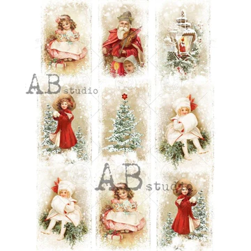 No. 1131 Little Girls and Saint Nick Small Labels Decoupage Rice Paper A4 by AB Studio