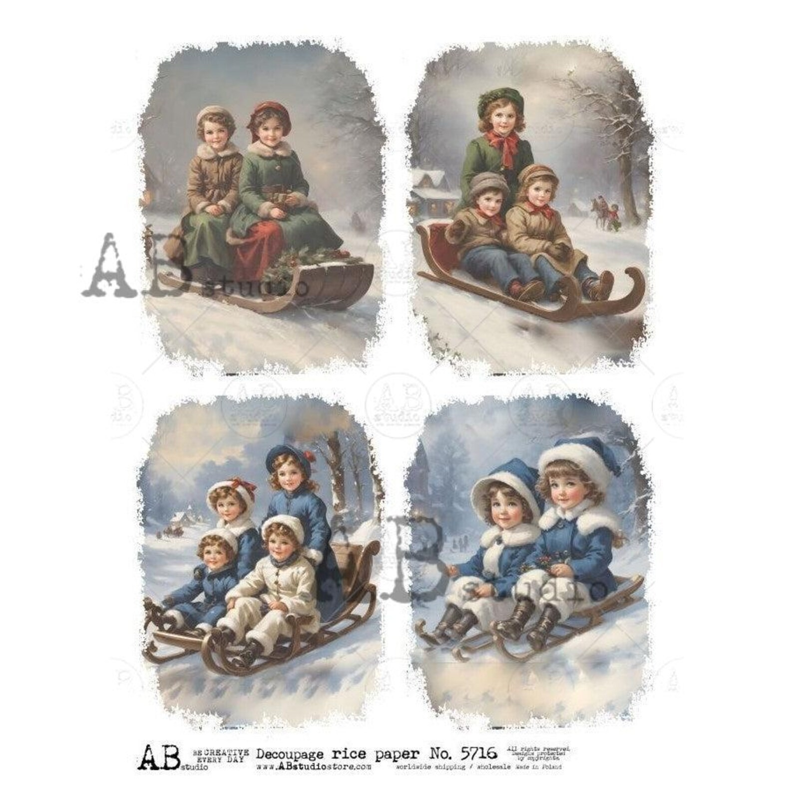 No. 5716 Sled Riding Cards Decoupage Rice Paper A4 by AB Studio