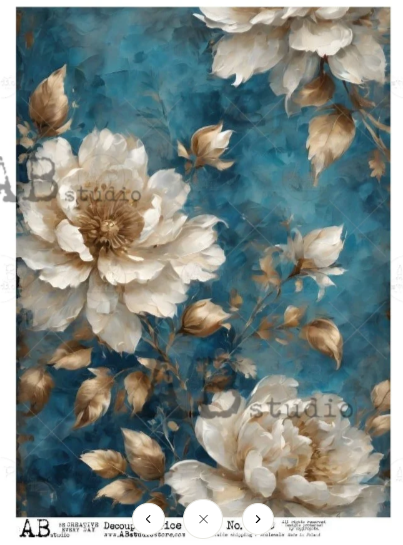 No. 5340 White Flowers and Gold Leaves with Blue Background Decoupage Rice Paper A4 by AB Studio
