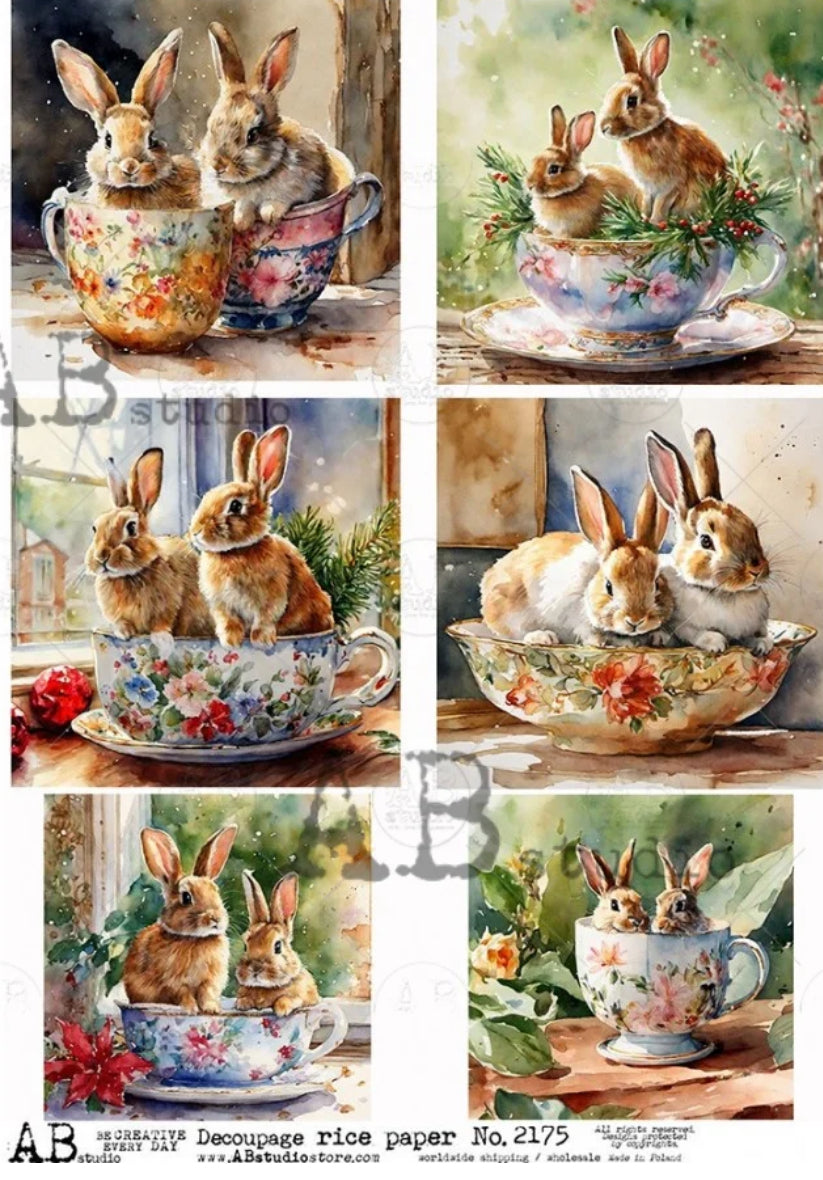 No. 2175 Bunny Teapots Rice Paper A4 by AB Studio