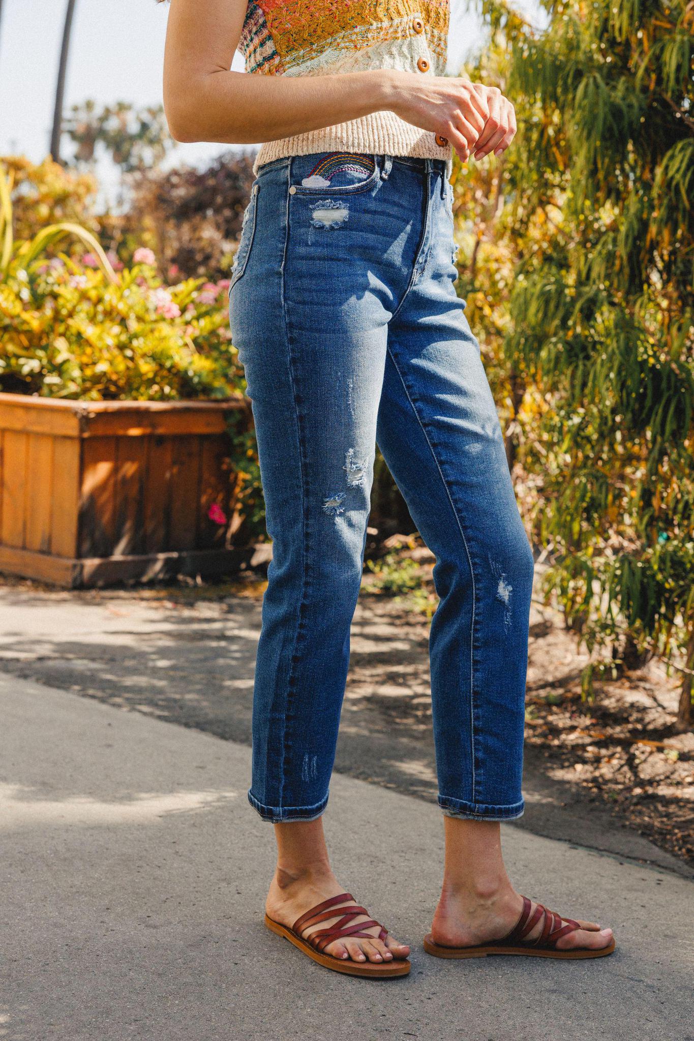 Hi-Rise Rainbow Embroidery Cropped Straight Leg Judy Blues