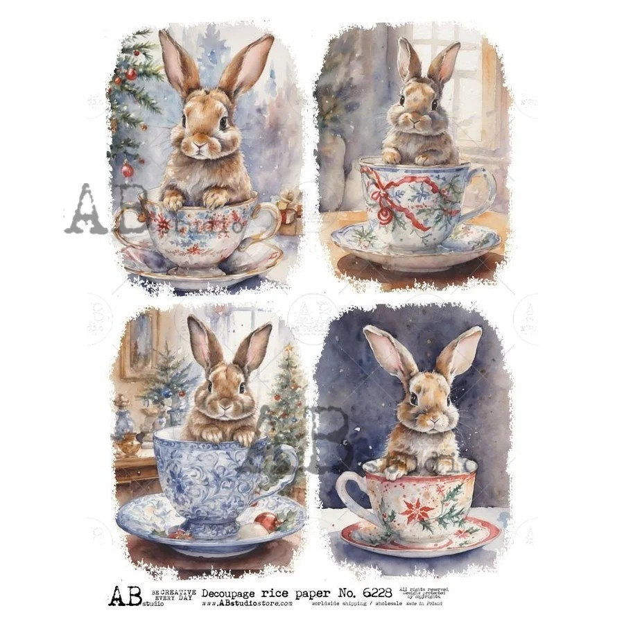 No. 6228 Curious Bunny Teacups Rice Paper A4 by AB Studio