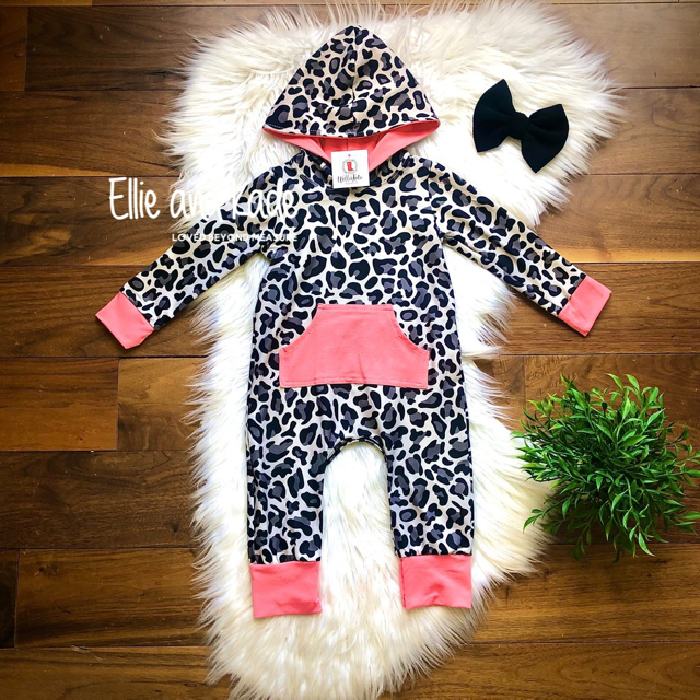 Grey & Coral Leopard Infant Hooded Romper by Wellie Kate