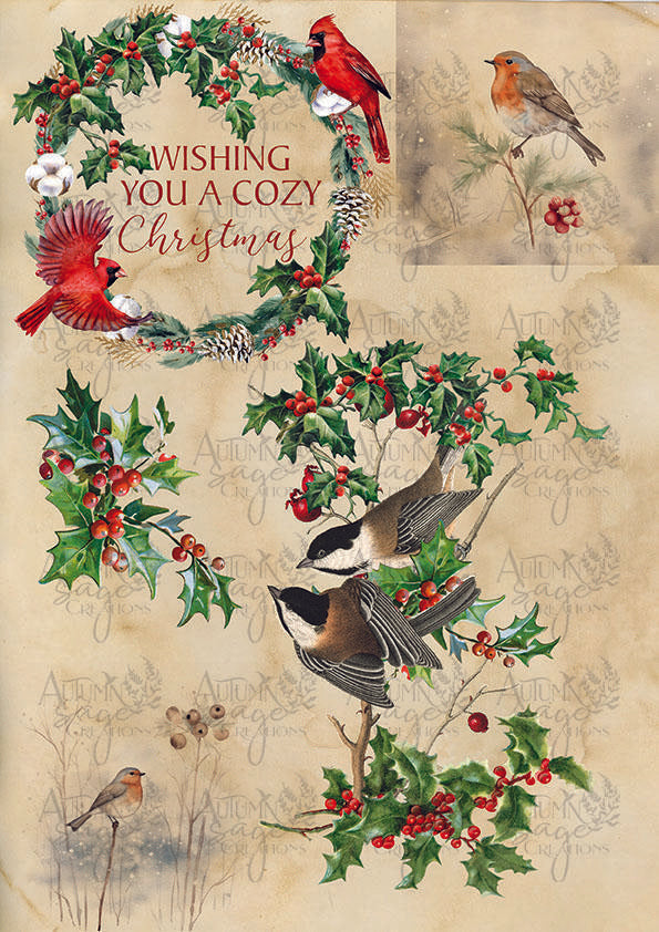 Winter Birds Tan A4 Decoupage Paper by Autumn Sage Creations