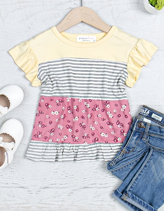 KIDS RUFFLED SLEEVED FLORAL STRIPE