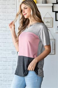 SHORT SLEEVE SPLIT V NECK SOLID COLOR BLOCK TOP