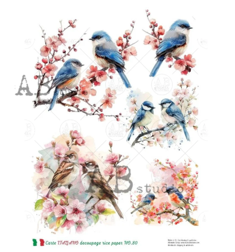Blue Jays with Finches No. 80 Carte Italiano Decoupage Rice Paper