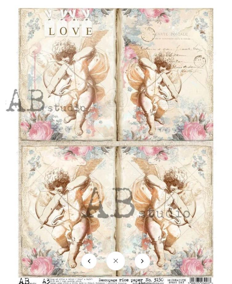 No. 3150 Cupid Love Cards Decoupage Rice Paper A3