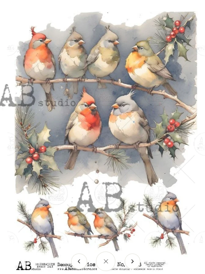 No. 5688 Holiday Birds on Branches Decoupage Rice Paper A4 by AB Studio