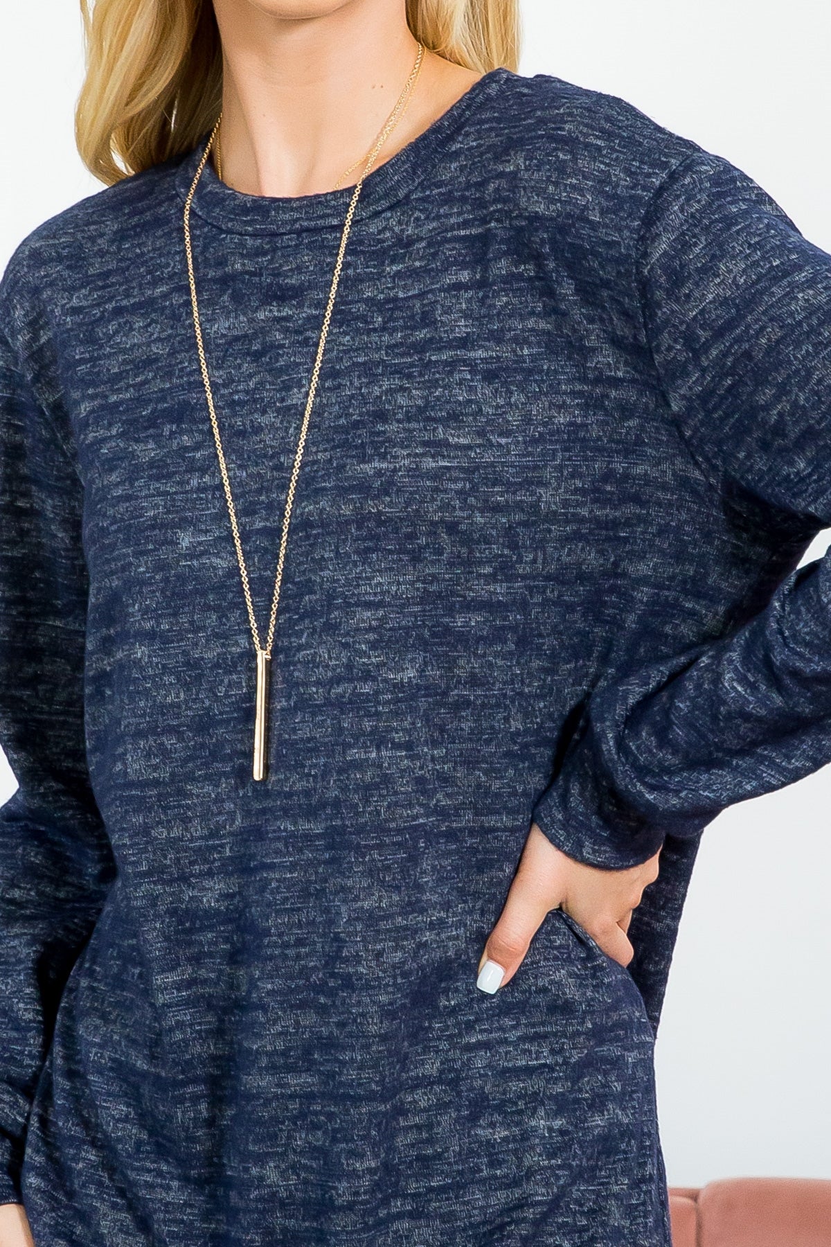 LONG SLEEVE ROUND NECK PULLOVER TOP - HEATHER NAVY