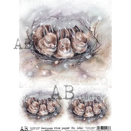 No. 1260 Rabbits Sleeping Halftone Sepia Decoupage Rice Paper A4 by AB Studio