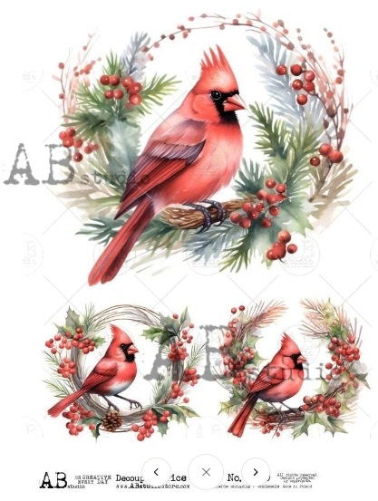 No. 5750 Cardinals and Wreath Labels Decoupage Rice Paper A4 by AB Studio