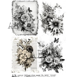 No. 6089 Black and White Floral Ephemera Collage Rice Paper A4 by AB Studio