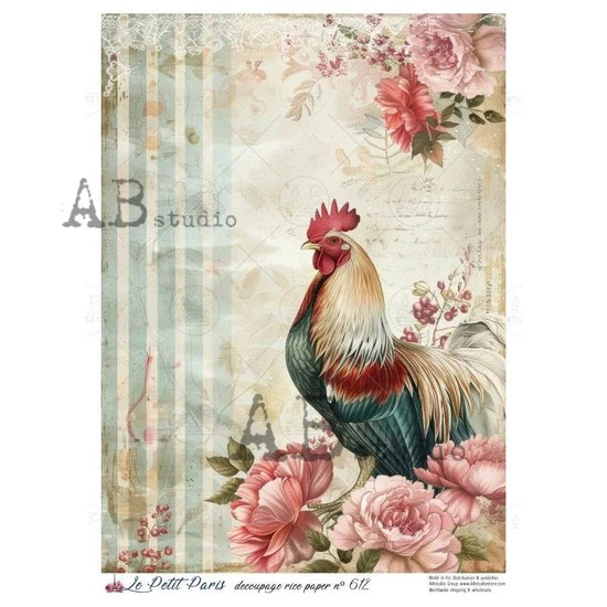 LPP No. 612 Floral Rooster in Pastel Stripes A4 Rice Paper - Le Petit Paris
