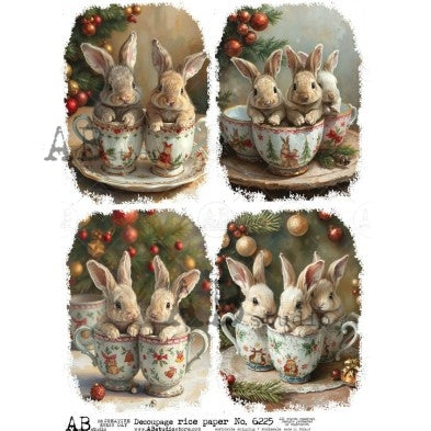 No. 6225 Teacup Bunny Cards Decoupage Rice Paper A4 by AB Studio