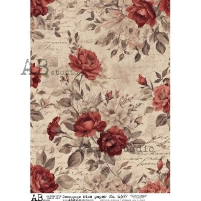 No. 6397 Rose Floral Bloom with Script Decoupage Rice Paper A4 by AB Studio