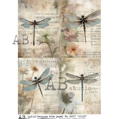 No. 6477 Musical Dragonfly Cards Decoupage Rice Paper A4 by AB Studio