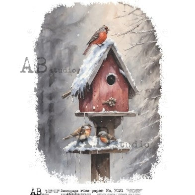 No. 7021 Winter Birdhouse with Birds Decoupage Rice Paper A4 by AB Studio