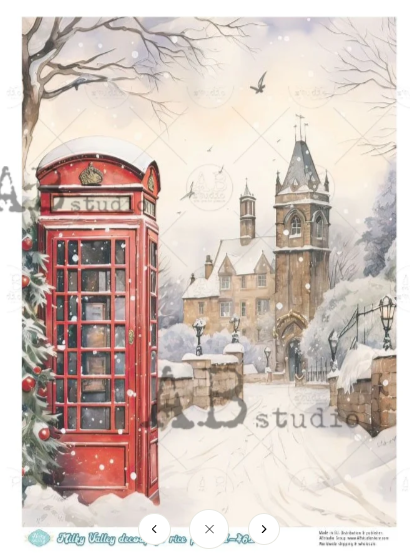 Red Phone Booth Outside Castle by Milky Valley 461 Decoupage Rice Paper A4 by AB Studio