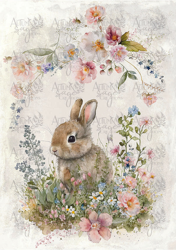 Bunny with Wild Roses A4 Autumn Sage Decoupage Paper