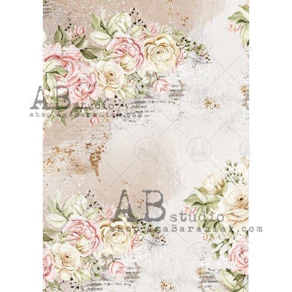 No. 0530 Script and Text with Ivory and Pink Roses Decoupage Rice Paper A4 by AB Studio