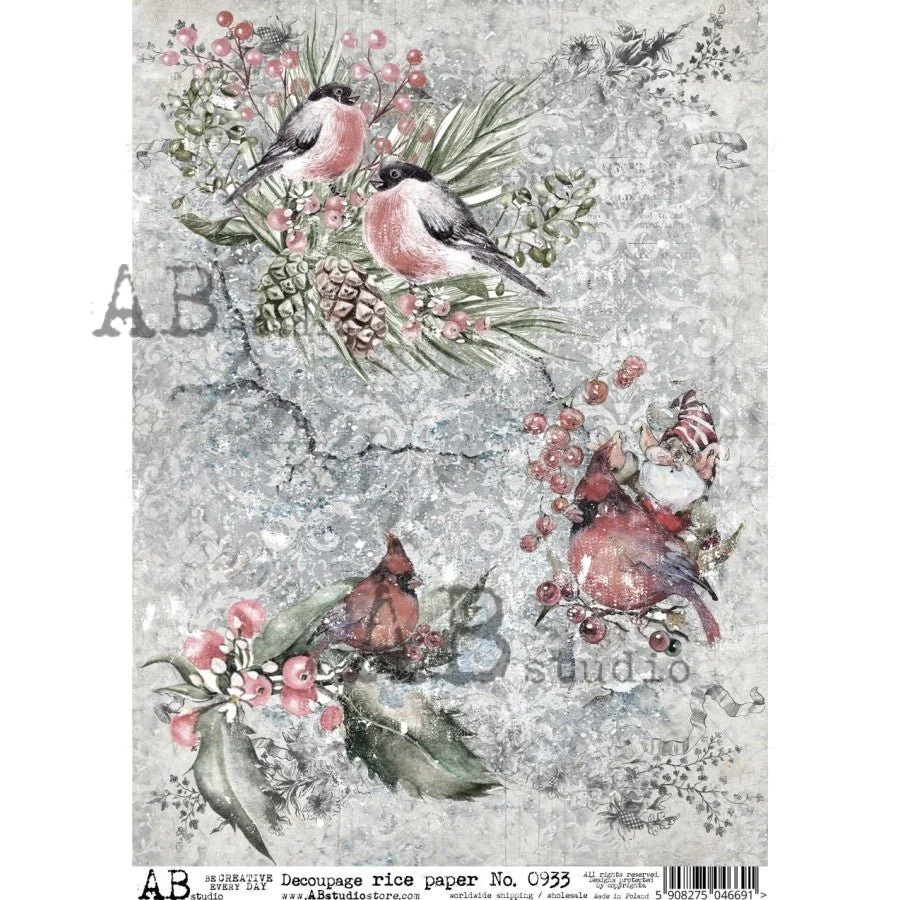 No. 0933 Birds and Berries Decoupage Rice Paper A4 by AB Studio
