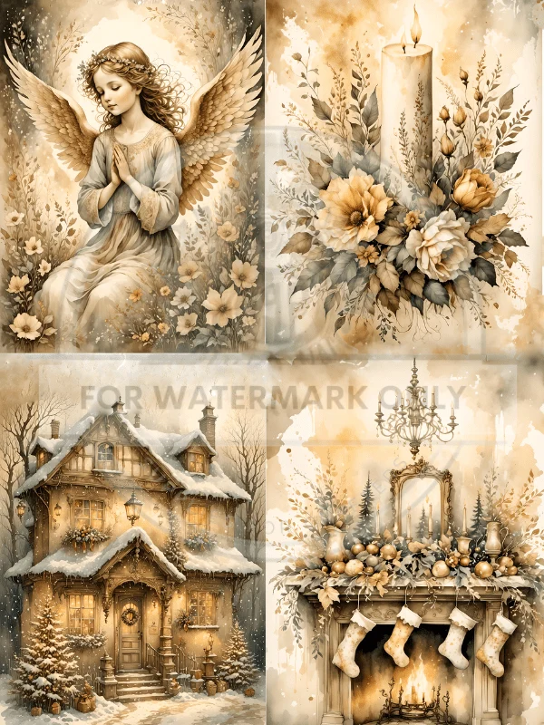 DC579 Classic Christmas Sepia Quad A4 Rice Paper