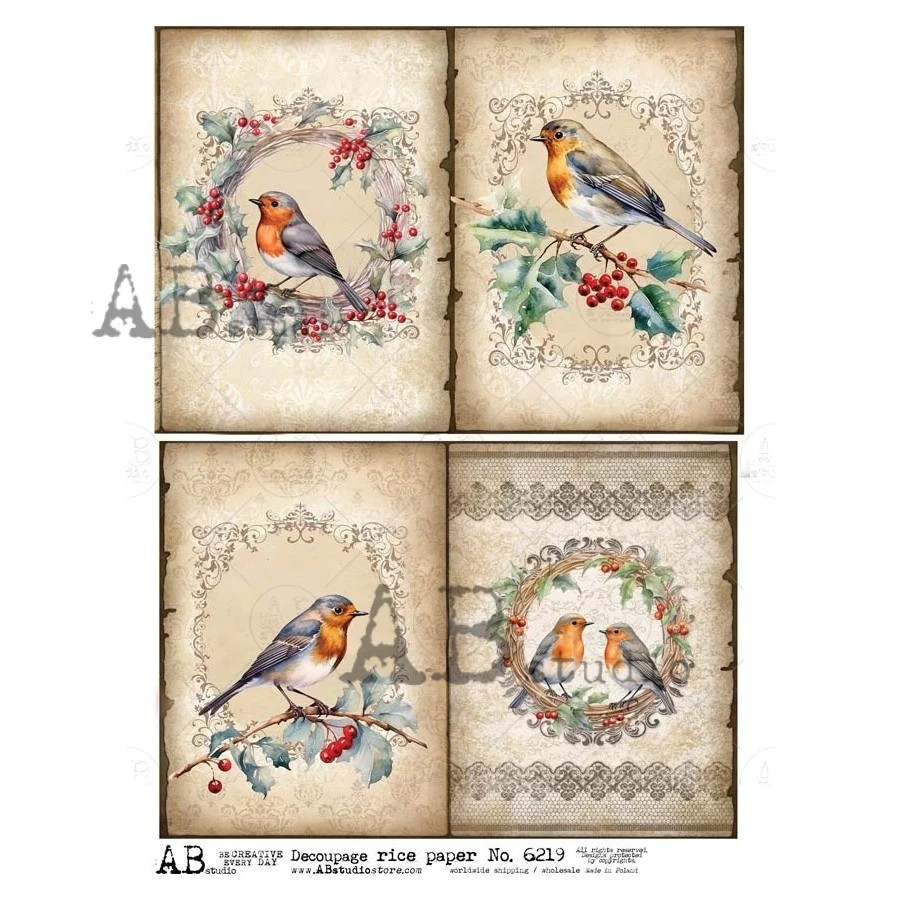 No. 6219 Vintage Baroque Bird Rice Paper A4 by AB Studio