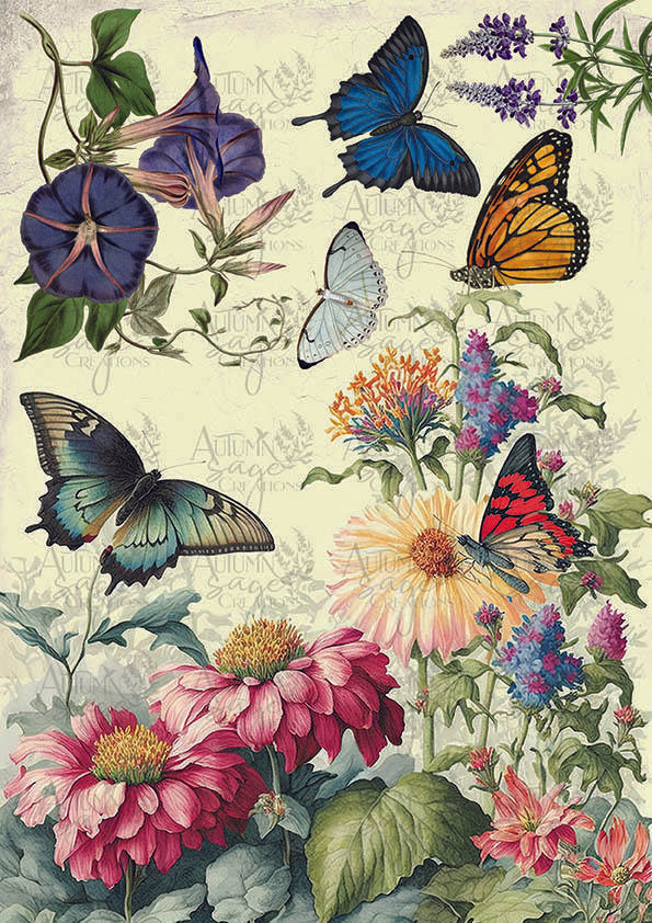 Butterfly Garden A4 Autumn Sage Decoupage Paper