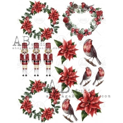 No. 0440 Red Finches and Pointsettias Decoupage Rice Paper A4 by AB Studio