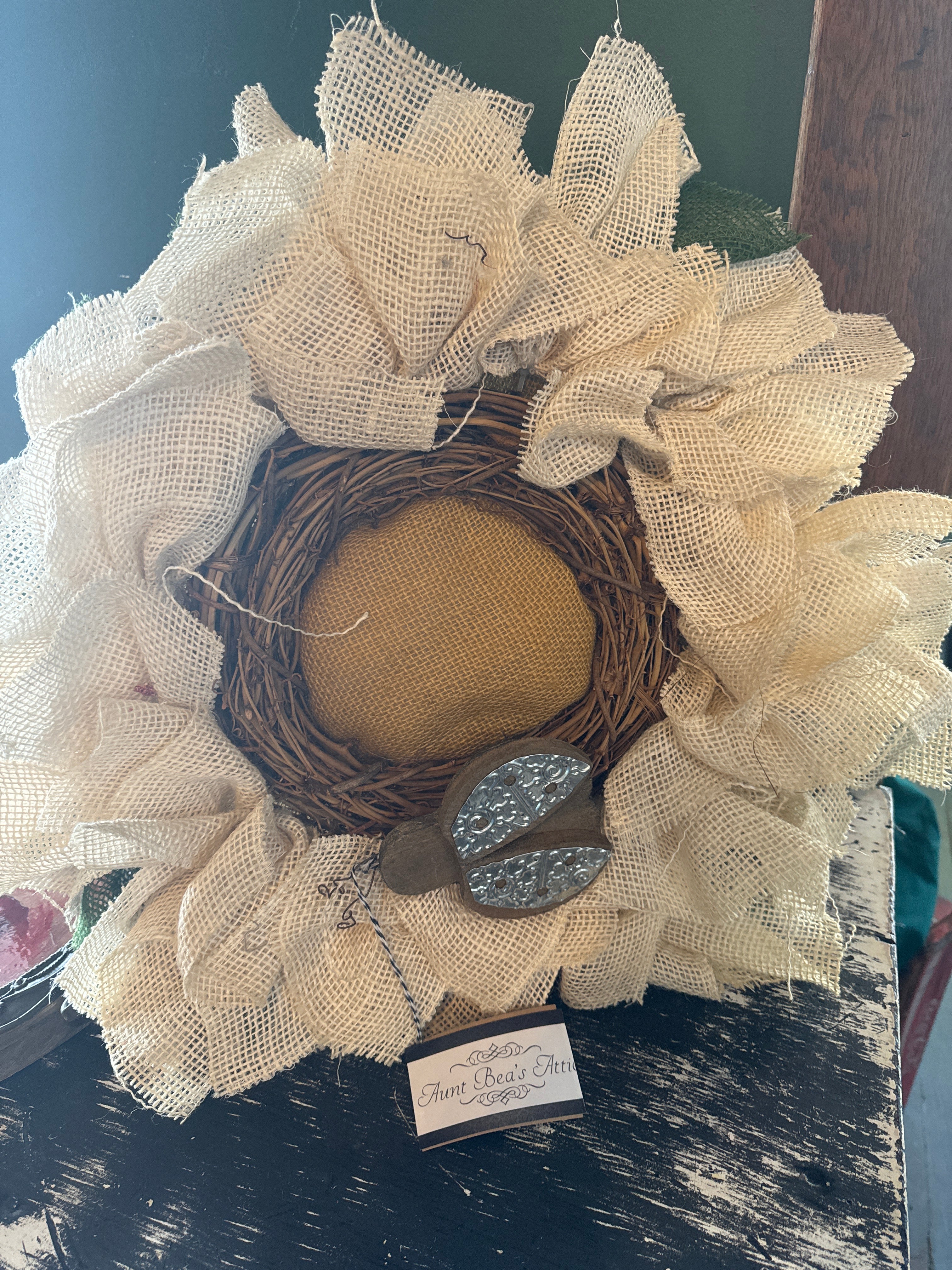 White Burlap Sunflower Wreath