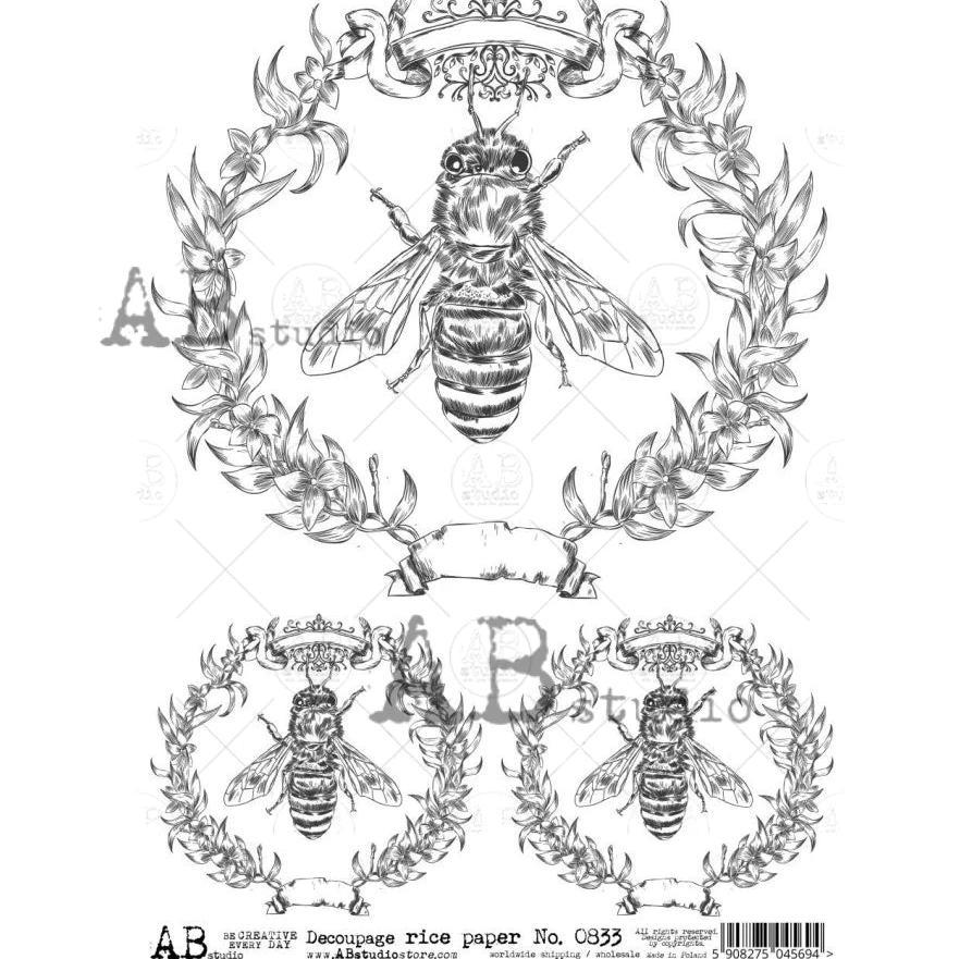 No. 0833 Bee Medallions Decoupage Rice Paper A4 By AB Studio