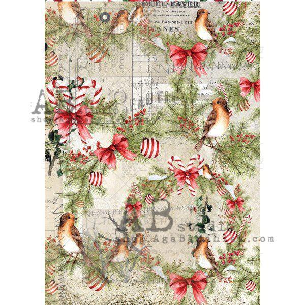 Item No. 0312 House Finches and Candy Cane Wreath Decoupage Rice Paper A4 by AB Studio