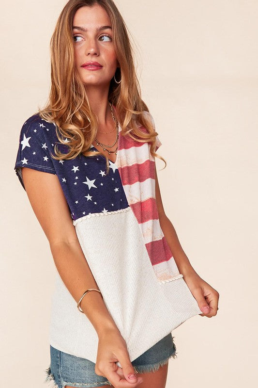 Patriotic Linen Star and Stripe Knit Top