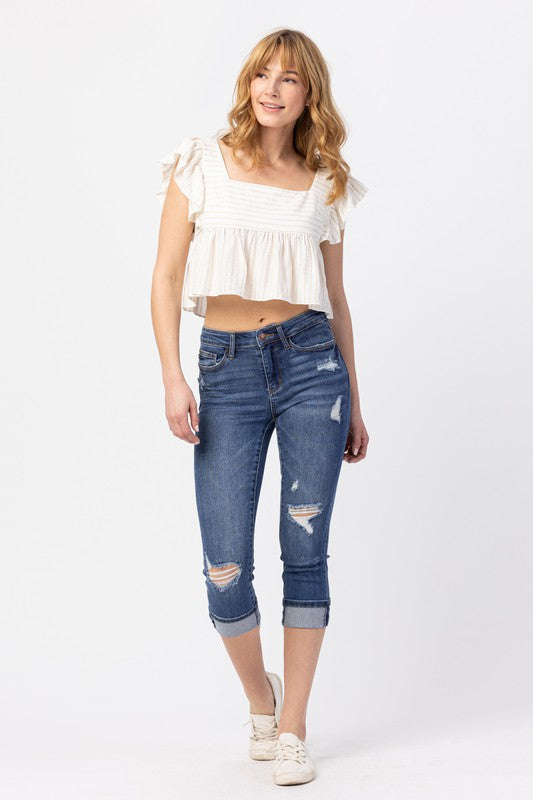 Mid Rise Cuffed Distressed Capri Plus 78100