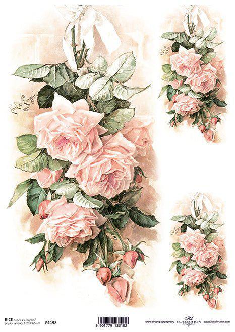 Three Pink Rose Labels  RICE PAPER A4  #R1198 BY ITD COLLECTION