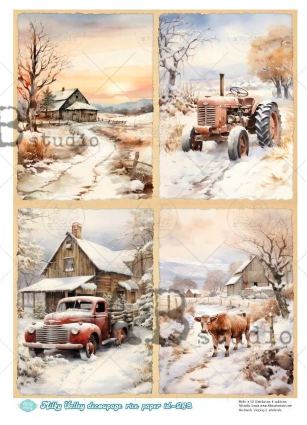 Snowy Farm Cards by Milky Valley 1263 Decoupage Rice Paper A4